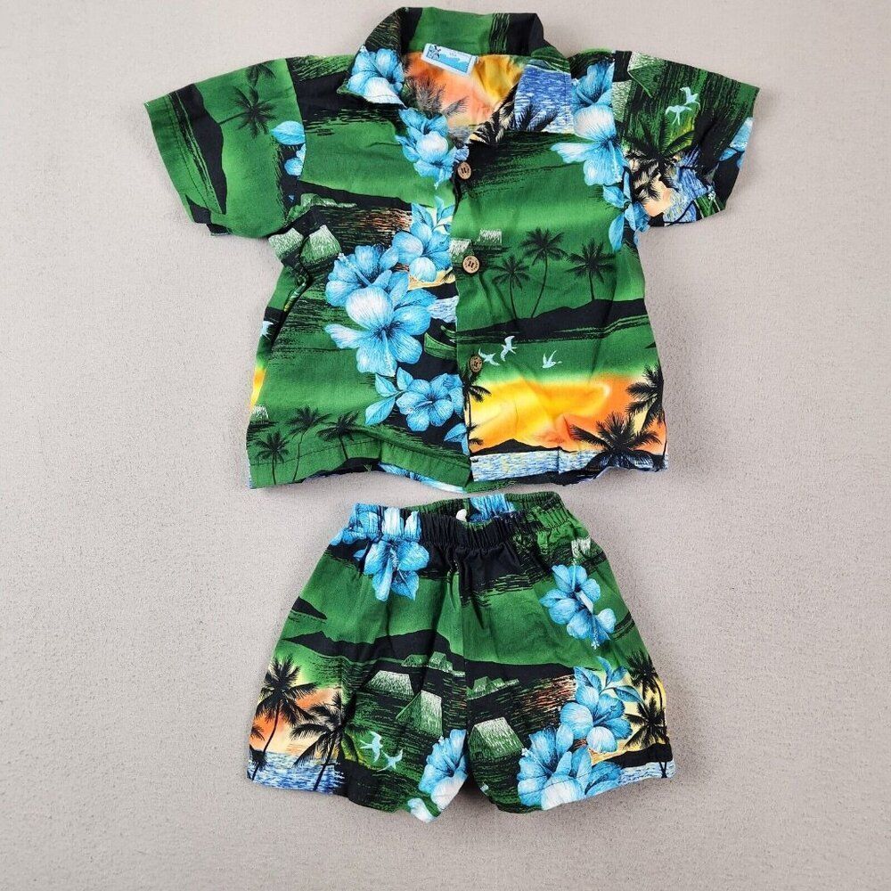 RJC Hawaiian Boys Size 3T Short Set Islands Palm Trees Green Button-up